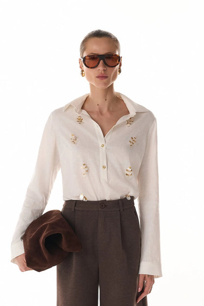 Camisa Azul, Off White ou Marrom em Linho com Paetê Fleche D’Or
