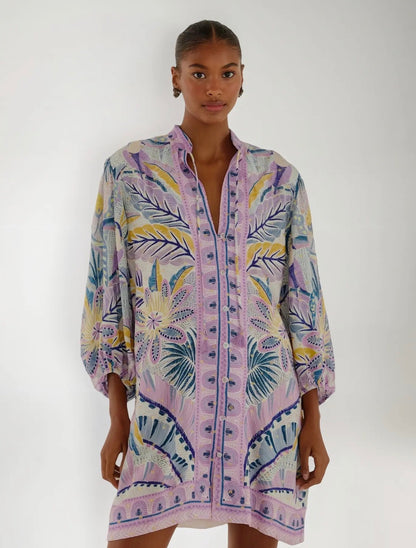 Chemise Lilás Curta Estampa Azul Farm