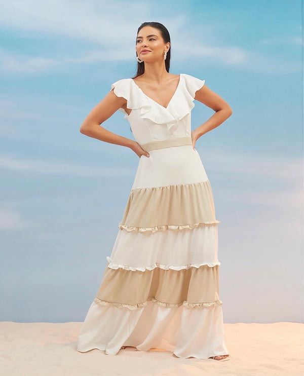 Vestido Off e Nude Babados com Brilho Decência