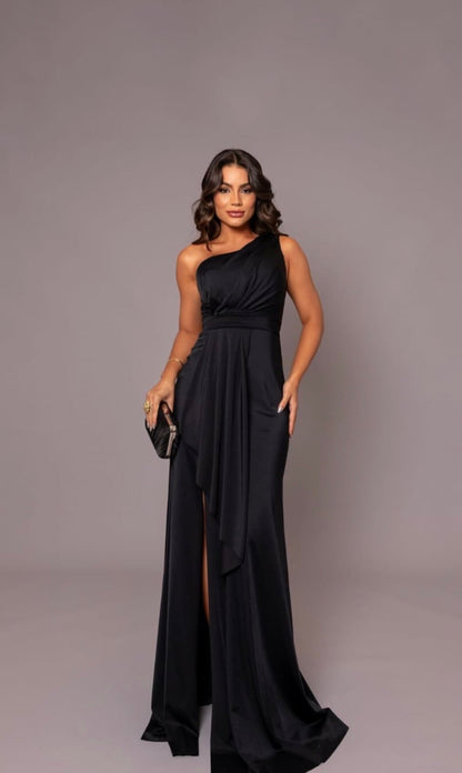 Vestido Preto Jersey Longo Camada Amicci