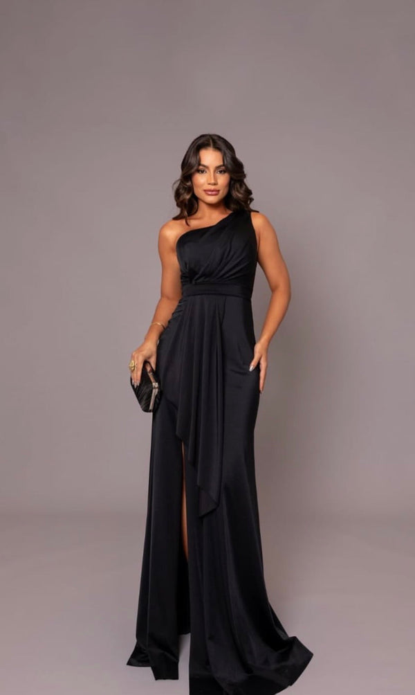 Vestido Preto Jersey Longo Camada Amicci