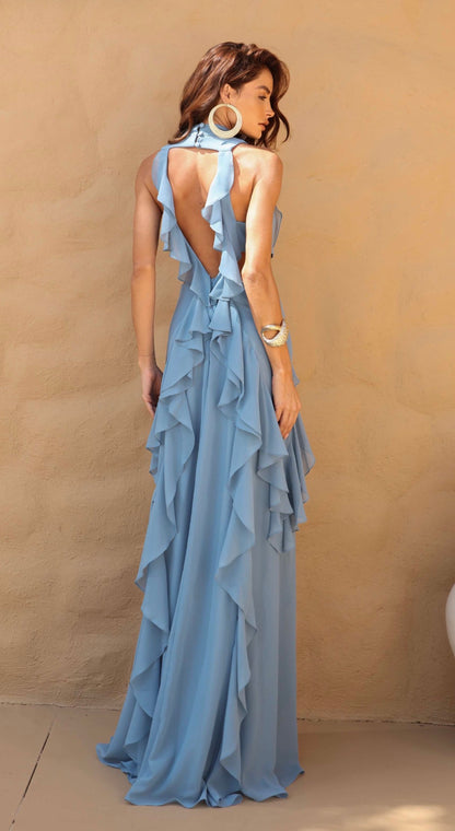Vestido Azul ou Vermelho Abertura Babado Costas Amicci