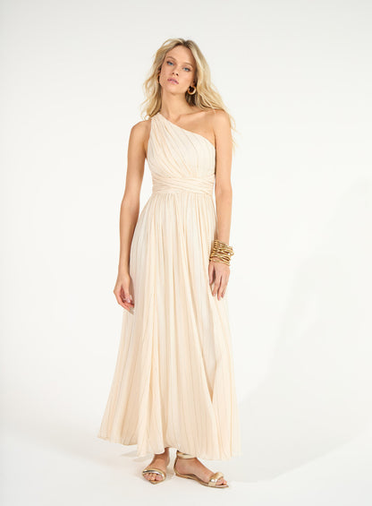 Vestido Bege com Dourado Ombro Só Plissado com Listras Skazi