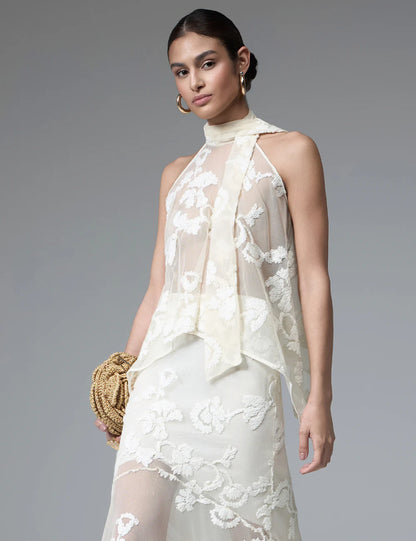 Conjunto Off White ou Marrom Flores Bordadas Strass