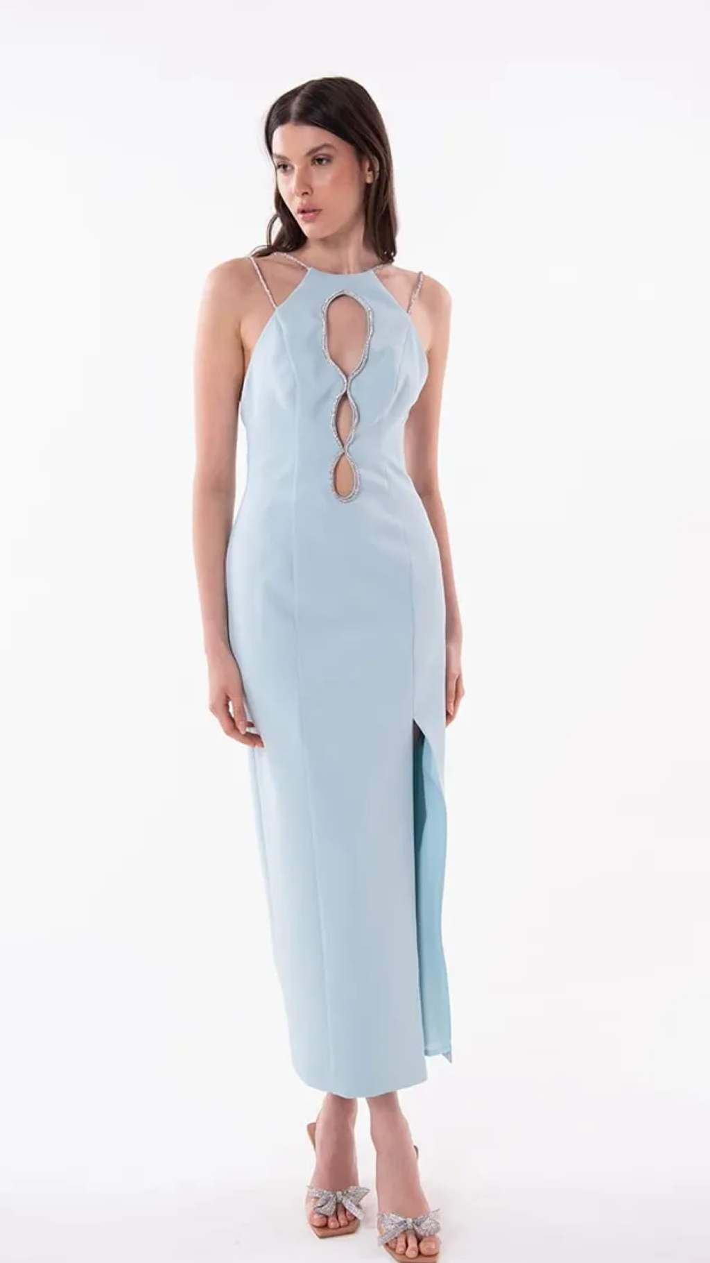 Vestido Azul Recortes Strass Skazi