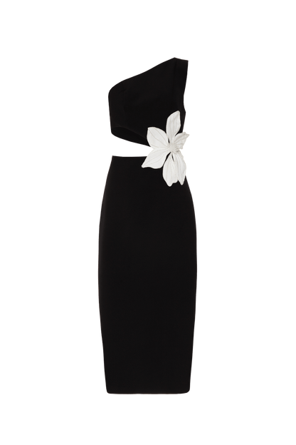 Vestido Preto Flor Bordada Ombro Só PatBo