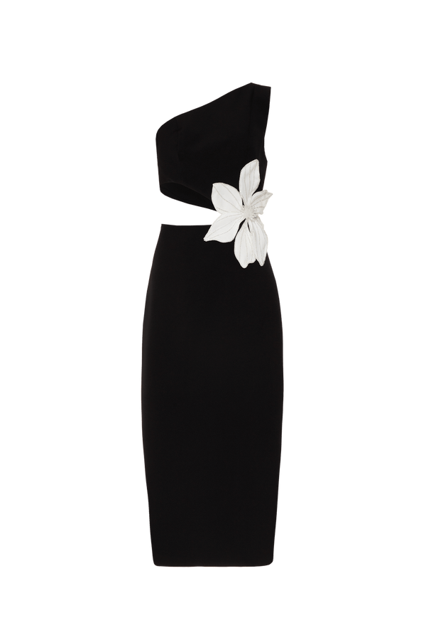 Vestido Preto Flor Bordada Ombro Só PatBo