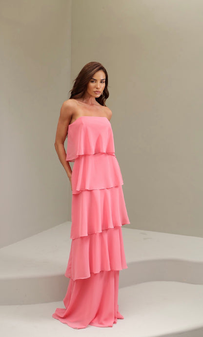 Vestido Vermelho ou Rosa Babados em Camadas Amicci