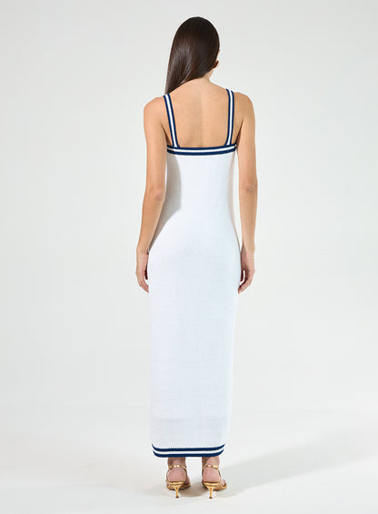 Vestido Off White Midi com Listras Azuis em Tricot Tufi Duek