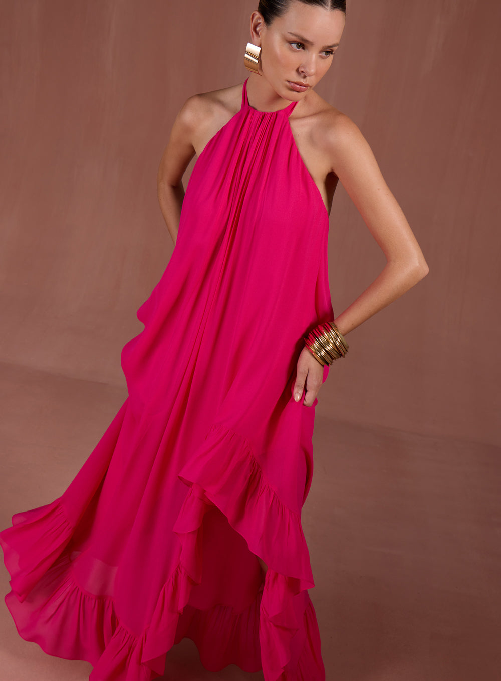 Vestido Rosa em Crepe Abertura Skazi