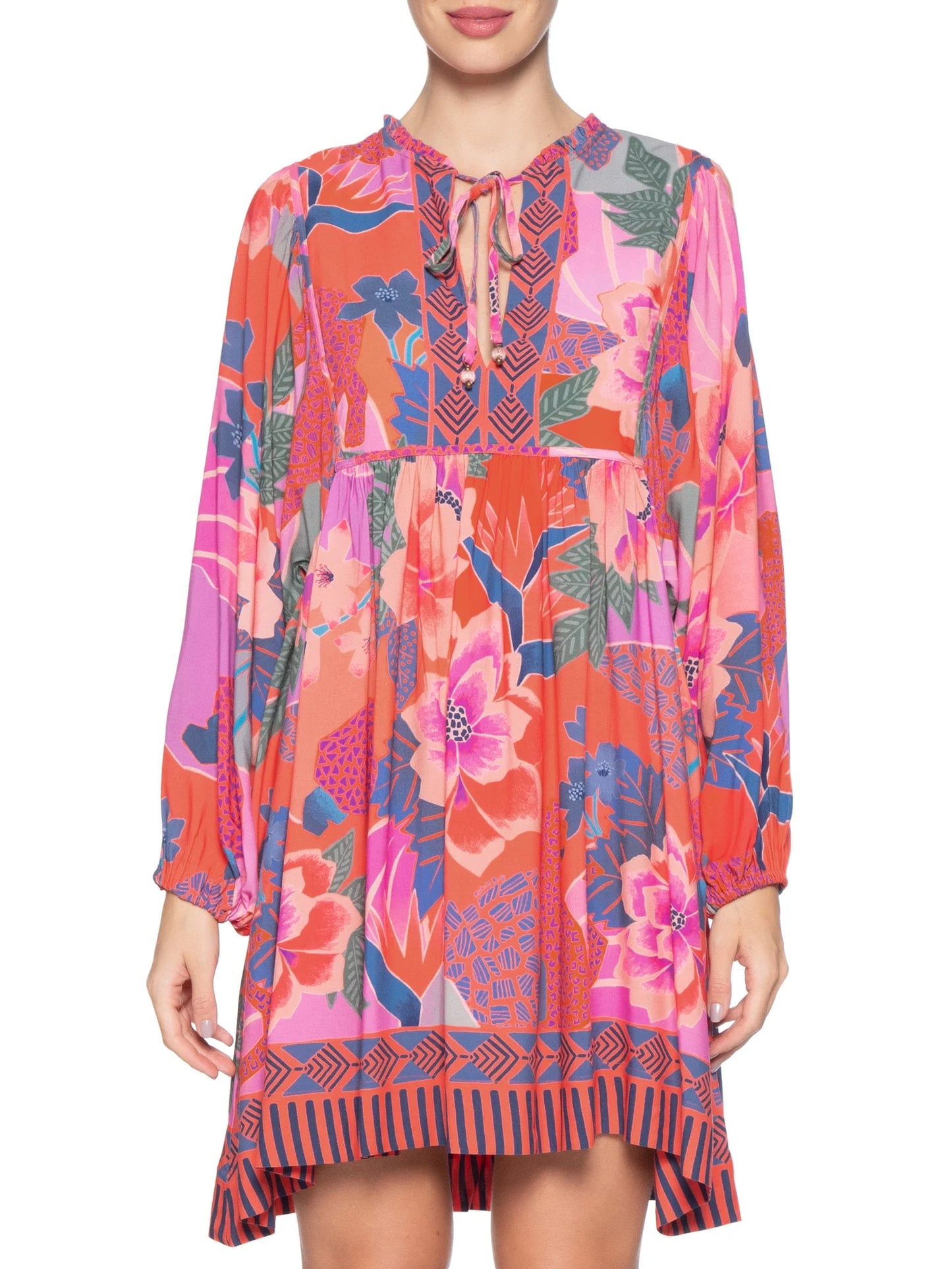 Vestido Rosa Claro Estampa Flores Azuis Farm