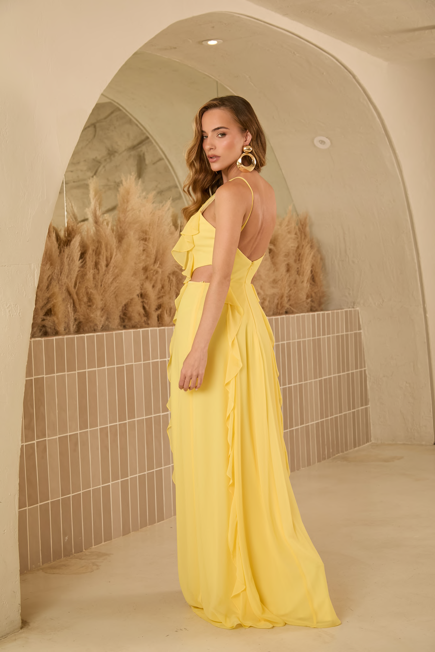 Vestido Longo Preto, Laranja ou Amarelo em Musseline Amicci