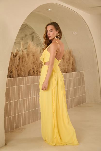 Vestido Longo Preto, Laranja ou Amarelo em Musseline Amicci