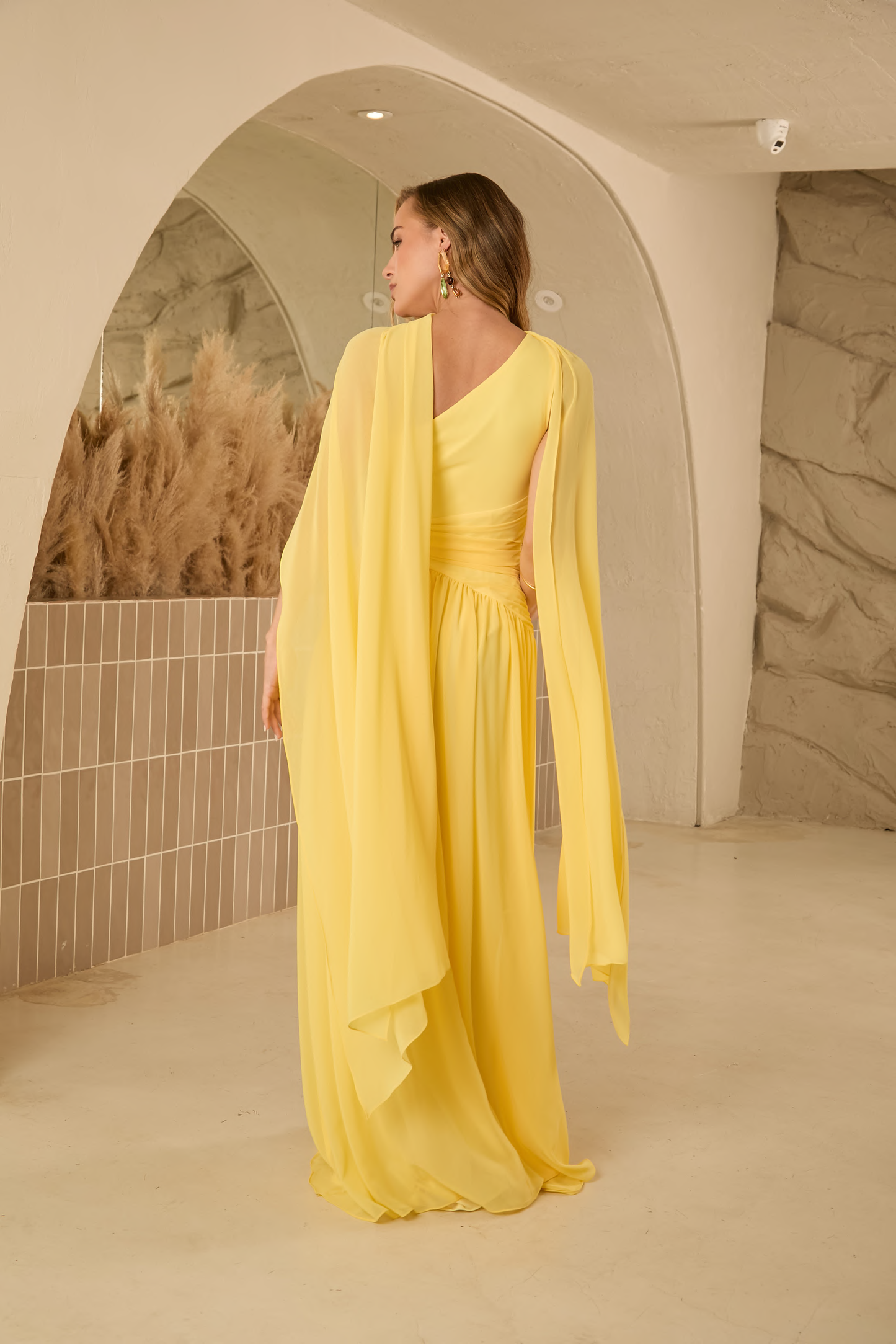 Vestido Longo Azul, Vinho ou Amarelo em Musseline Amicci