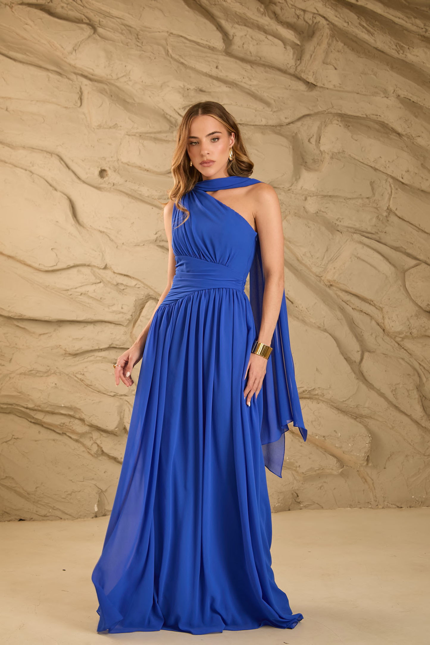 Vestido Longo Azul, Vinho ou Amarelo em Musseline Amicci