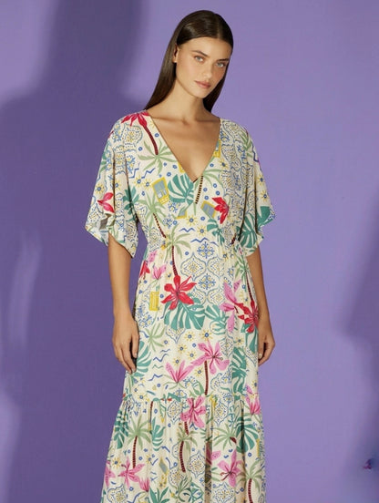Vestido Off White Estampa Verde Cantão