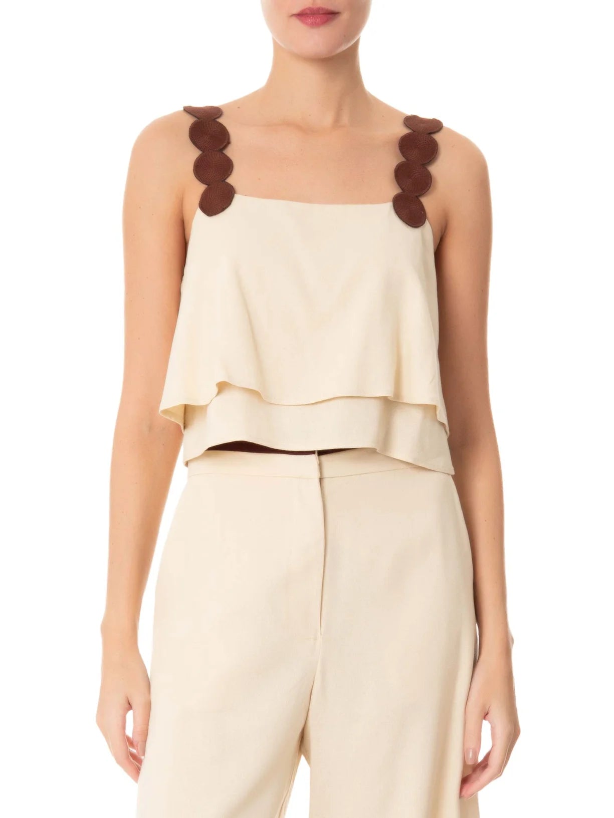 Cropped Nude Alças de Bolas Marrons Dress To