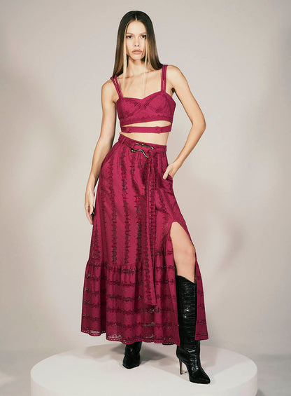 Conjunto Fúcsia Cropped e Saia em Laise com Cinto Skazi