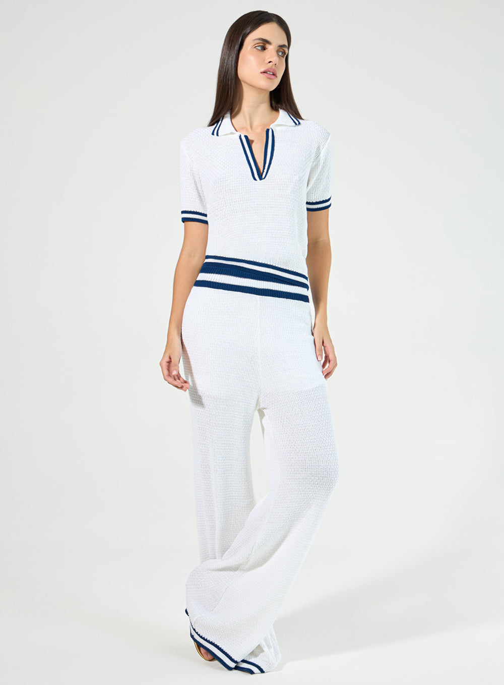 Conjunto Off White Blusa Polo Listras Azul em Tricot Tufi Duek