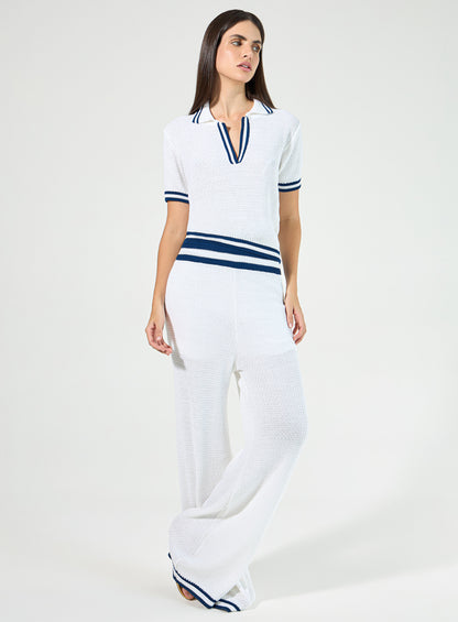 Conjunto Off White Blusa Polo Listras Azul em Tricot Tufi Duek