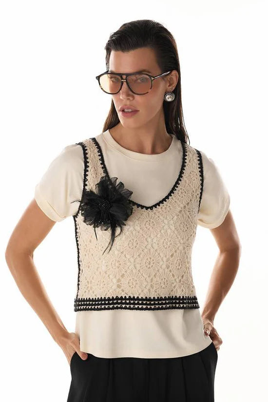 Blusa Off White Sobreposição Bordado Fleche D’Or