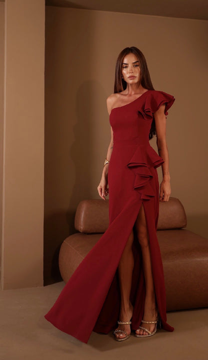 Vestido Ombro Só Babado com Fenda Amicci