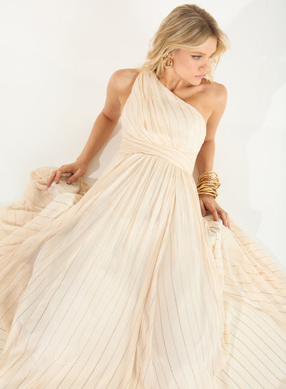Vestido Bege com Dourado Ombro Só Plissado com Listras Skazi