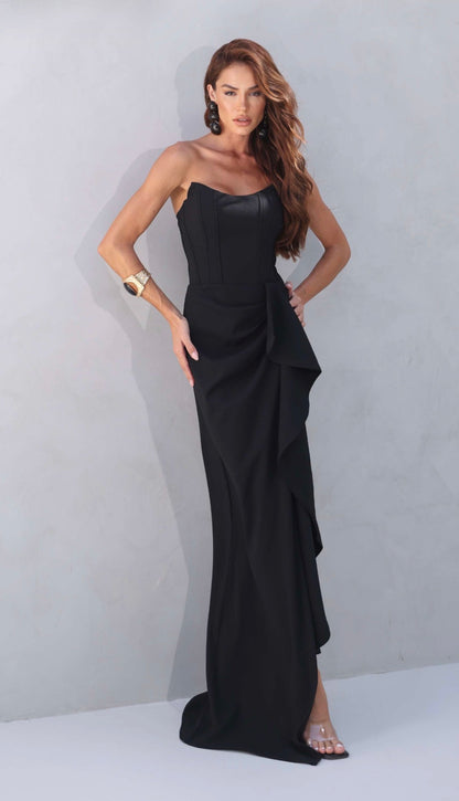 Vestido Preto ou Verde Longo Corset Babado Amicci