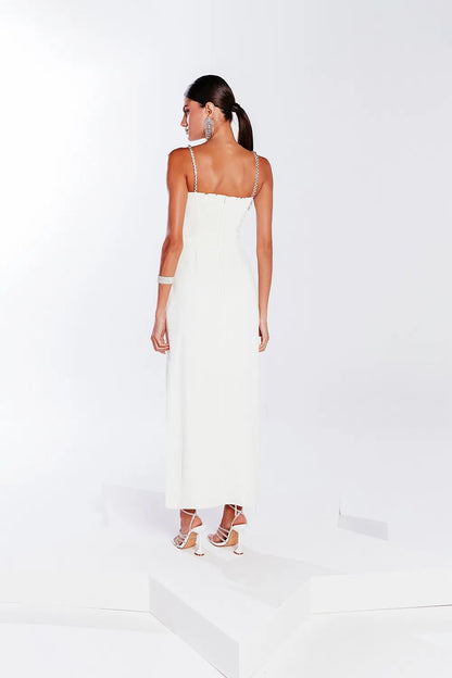 Vestido Branco Mídi com Strass Charth