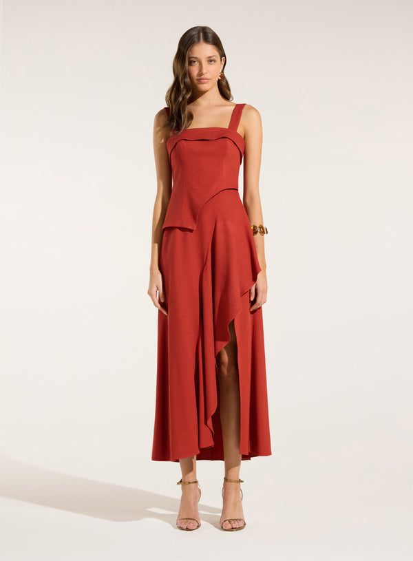 Vestido Terracota Assimétrico Babados Skazi