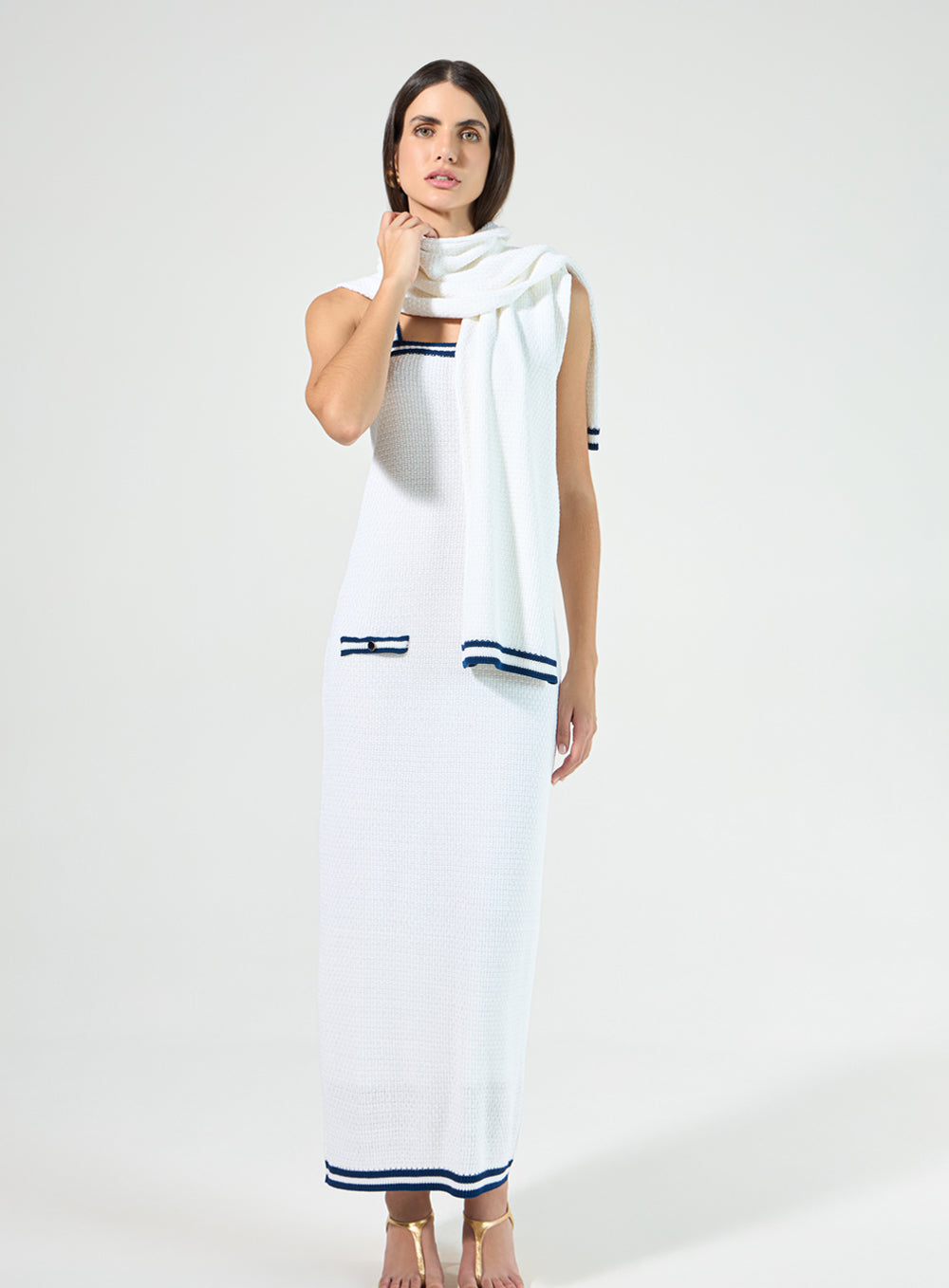Vestido Off White Midi com Listras Azuis em Tricot Tufi Duek