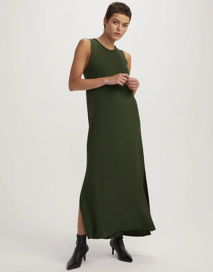 Vestido Verde Musgo Listra Dourada Shoulder