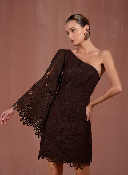 Vestido Marrom Ombro Só em Renda Guipir Skazi