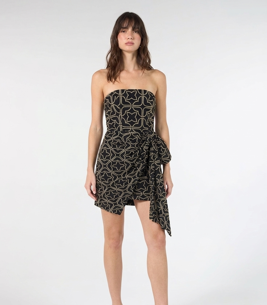 Vestido Preto Bordado Dourado Curto Skazi