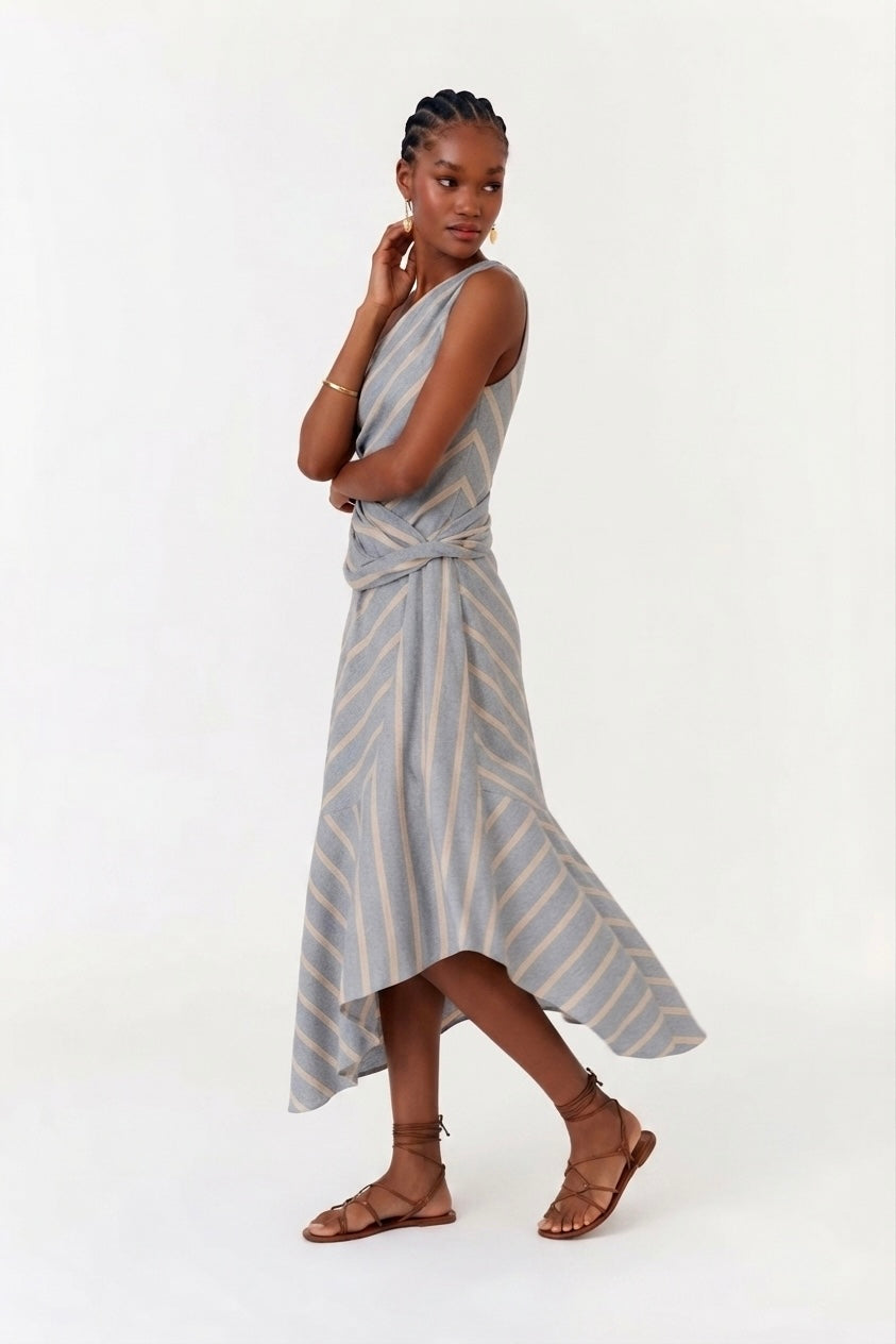 Vestido Azul Listras Nude Ombro Só Maria Filó