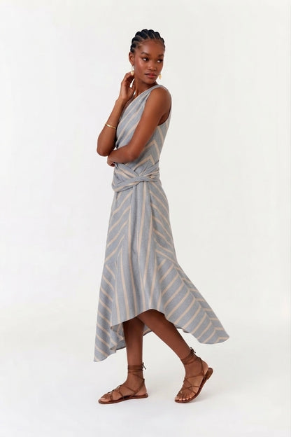 Vestido Azul Listras Nude Ombro Só Maria Filó