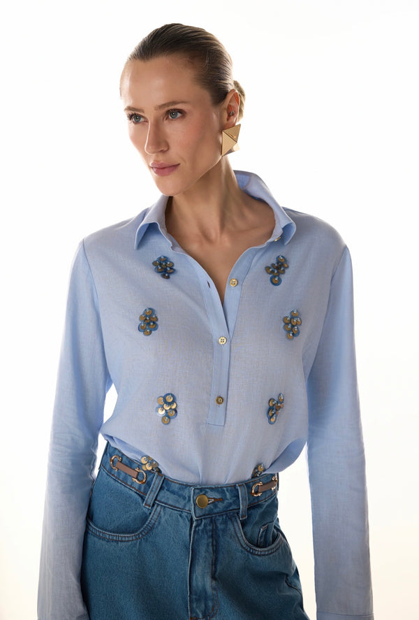 Camisa Azul, Off White ou Marrom em Linho com Paetê Fleche D’Or
