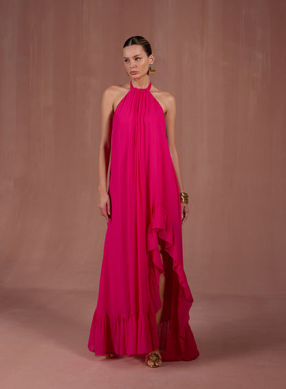 Vestido Rosa em Crepe Abertura Skazi