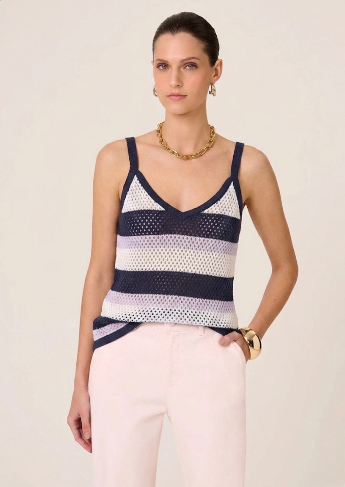 Camiseta Azul e Lilás em Crochet com Listras Dudalina