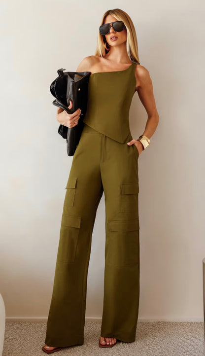 Conjunto Verde ou Marrom Calça Cargo e Blusa Ombro Só Manie