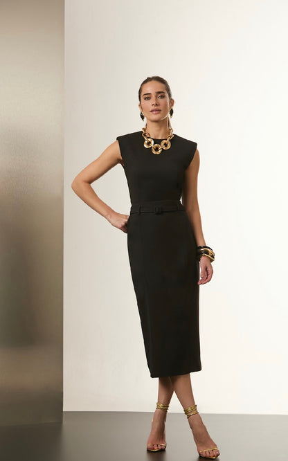 Conjunto Preto Cropped e Saia Midi Detalhe Cinto Siena
