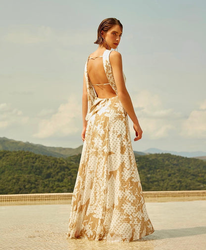 Vestido Off White Estampa Nude e Dourada Arbour