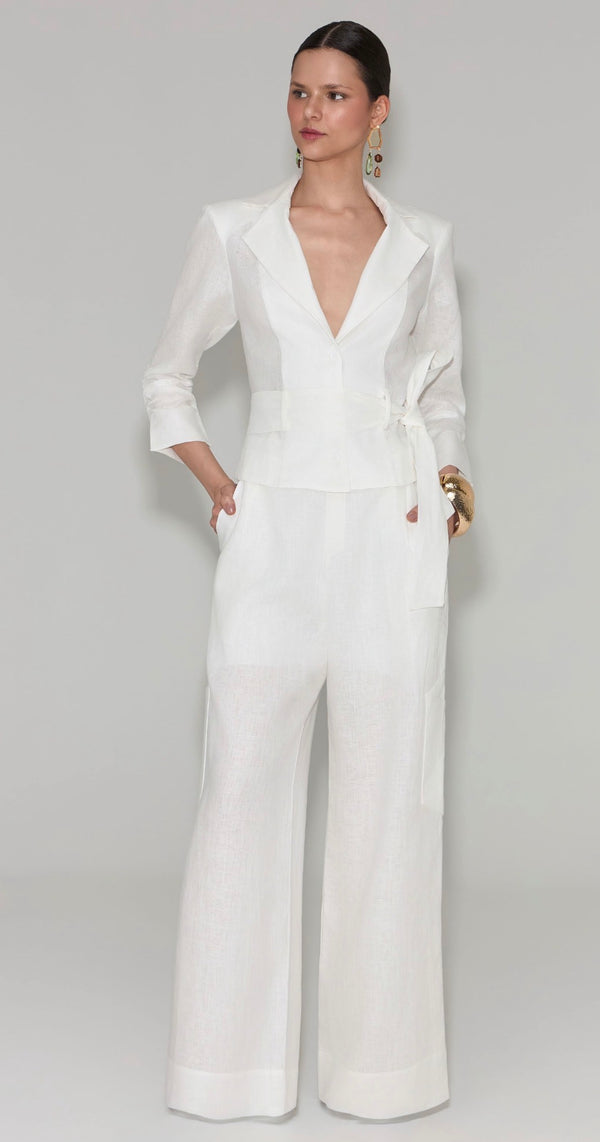 Conjunto Branco Jaqueta e Calça Cargo 100% Linho Strass