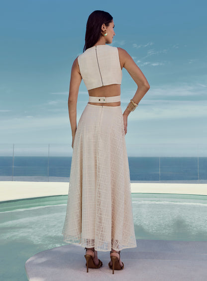 Vestido Off White Bordado Nude Abertura Tufi Duek