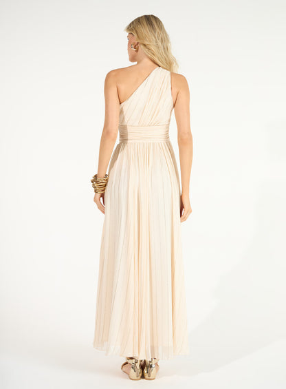 Vestido Bege com Dourado Ombro Só Plissado com Listras Skazi