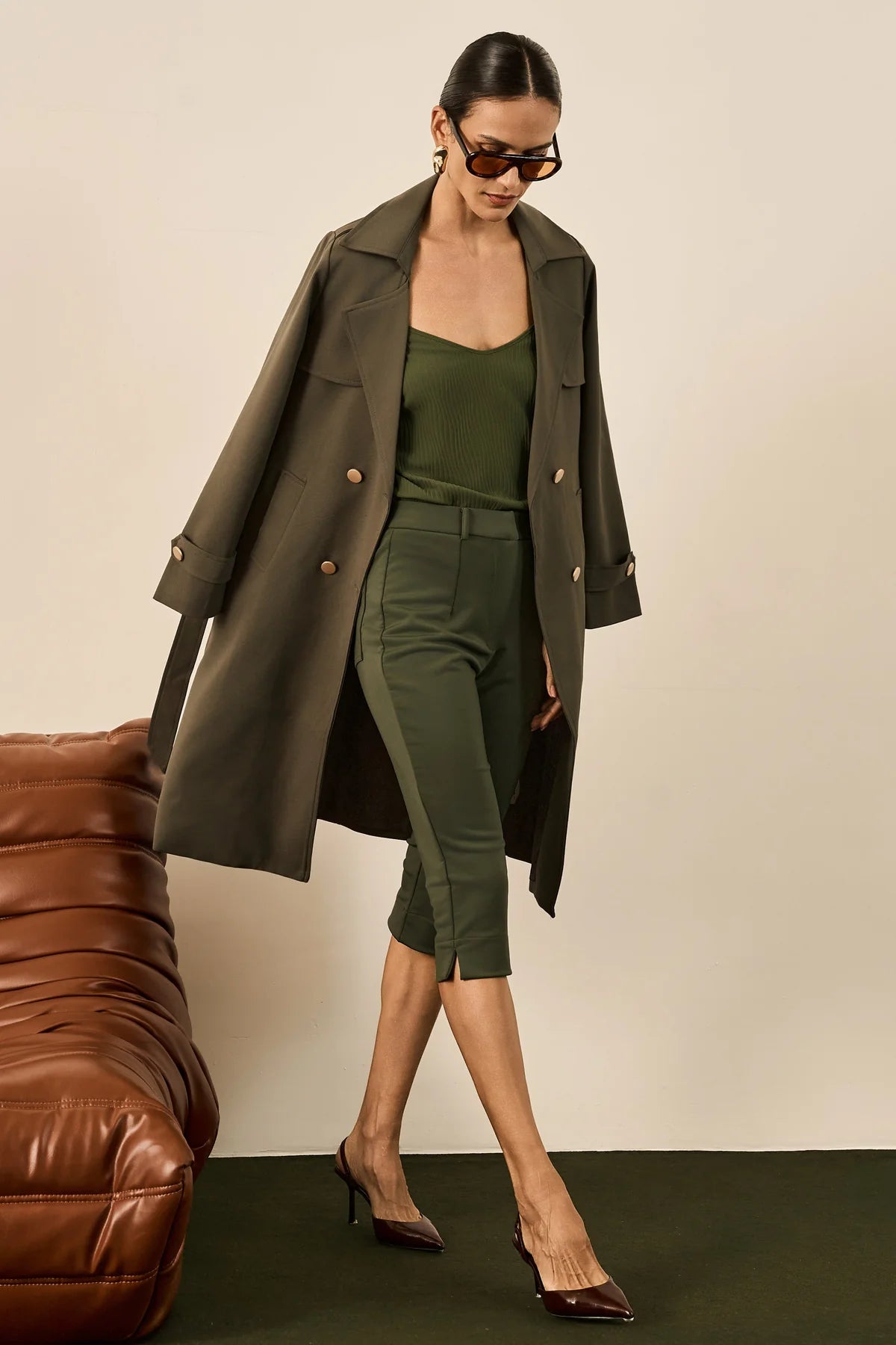 Trench Coat Verde Militar Longo Fleche D’Or