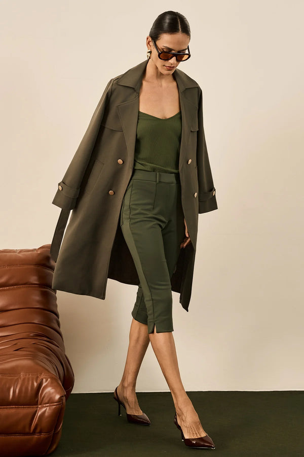 Trench Coat Verde Militar Longo Fleche D’Or