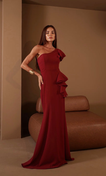 Vestido Ombro Só Babado com Fenda Amicci
