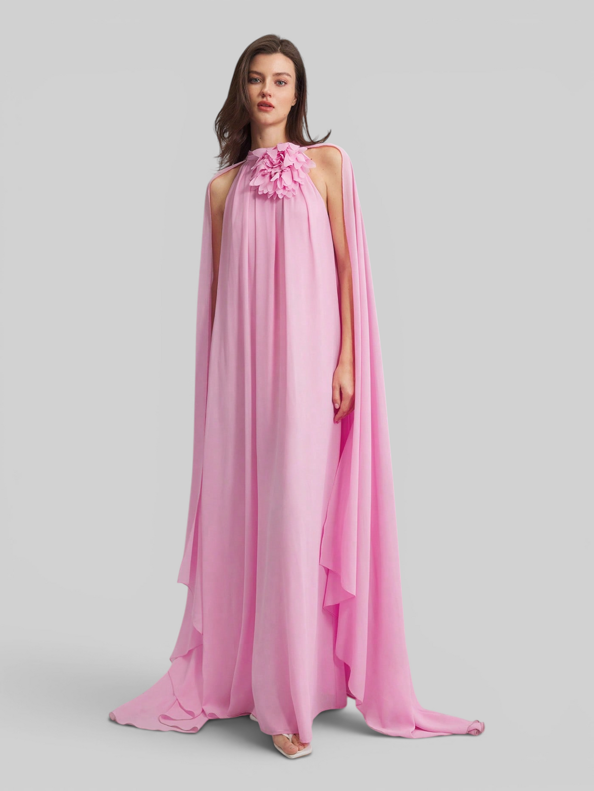 Vestido Rosa Claro Longo com Aplicação de Flor Aurea Dress