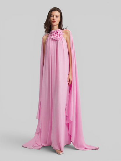 Vestido Rosa Claro Longo com Aplicação de Flor Aurea Dress